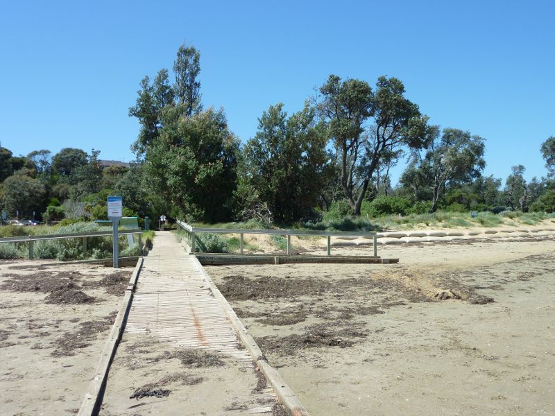 Beaumaris - Beach between Beaumaris Yacht Club and Ricketts Point: Boardwalk across beach south of yacht club