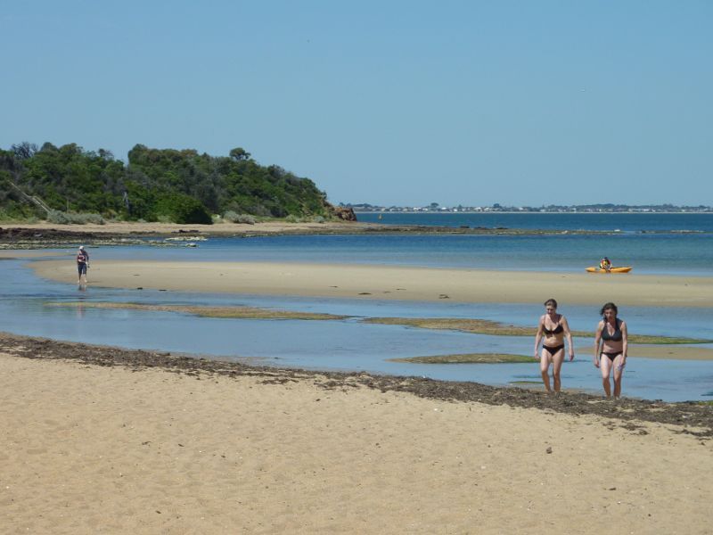 Beaumaris - Beach and cliff top path near Beaumaris Life Saving Club: South-easterly view across beach towards Table Rock Point
