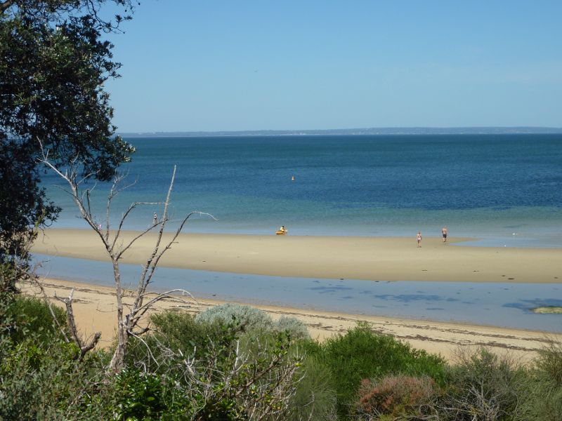 Beaumaris - Beach and cliff top path near Beaumaris Life Saving Club: View over beach from cliff top path