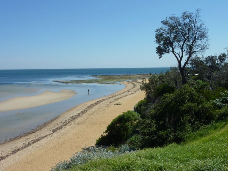 Beaumaris - Beach and cliff top path near Beaumaris Life Saving Club: Westerly view along coast towards Ricketts Point