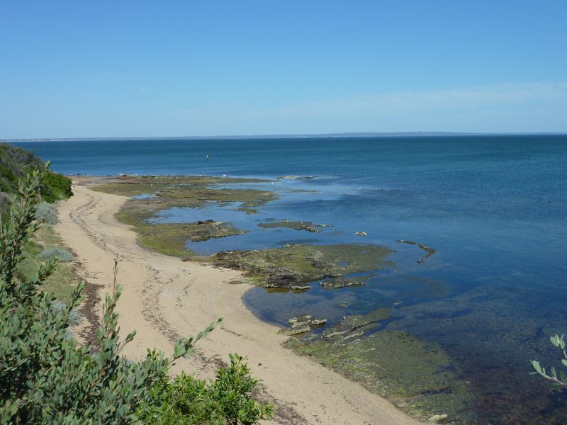 Beaumaris - Beach and cliff top path near Beaumaris Life Saving Club: View south-east along beach towards Table Rock Point
