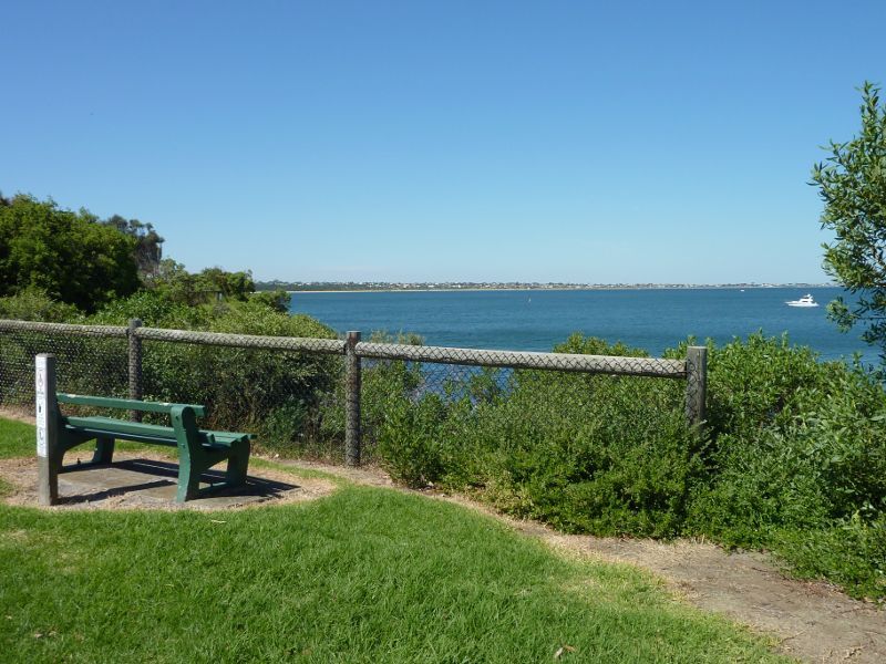 Beaumaris - Coastline between Sea Scout Jetty and Beaumaris Motor Yacht Squadron: View across Beaumaris Bay from cliff top pathway