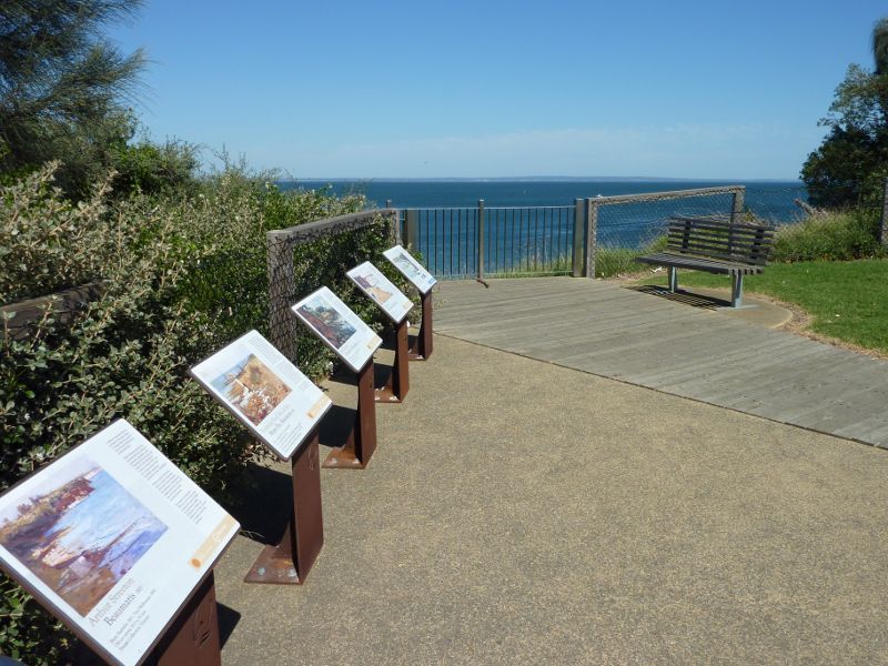 Beaumaris - Coastline between Sea Scout Jetty and Beaumaris Motor Yacht Squadron: Paintings on Bayside Coastal Arts Trail at viewing area opposite Bodley St