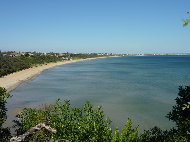 Beaumaris - Beach around end of Charman Road: Easterly view across Beaumaris Bay towards beach at Mentone