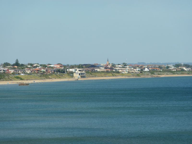 Beaumaris - Beach around end of Charman Road: South-easterly view across Beaumaris Bay towards Parkdale Yacht Club and beach