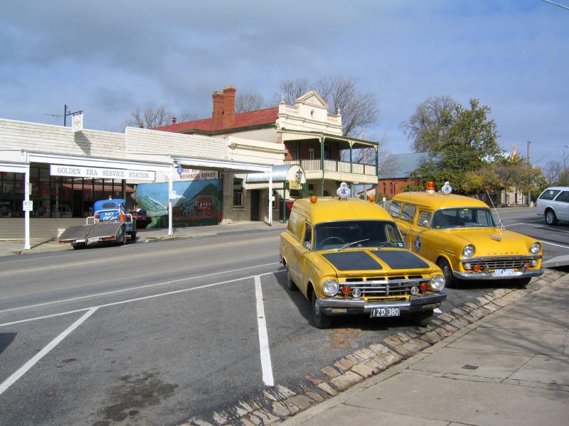 Beechworth - Commercial centre and shops, Ford Street and Camp Street: RACV patrol cars from yesteryear, opposite Golden Era Service Station, Ford St near Church St