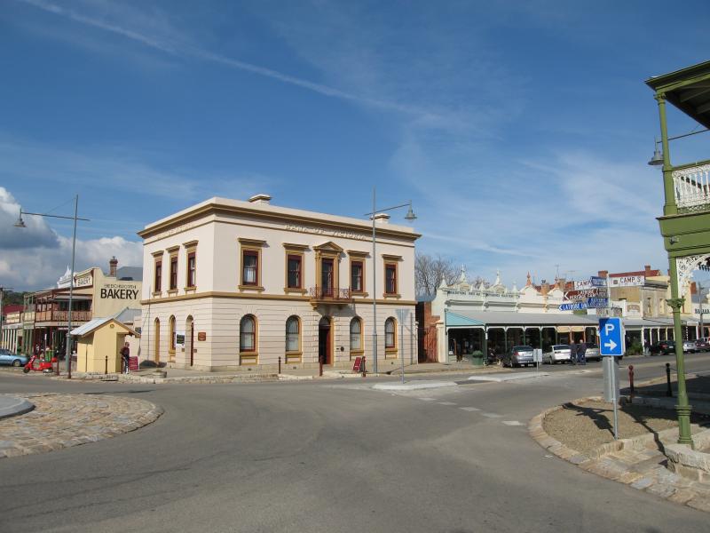 Beechworth - Commercial centre and shops, Ford Street and Camp Street: Old Bank of Victoria, corner Ford St and Camp St