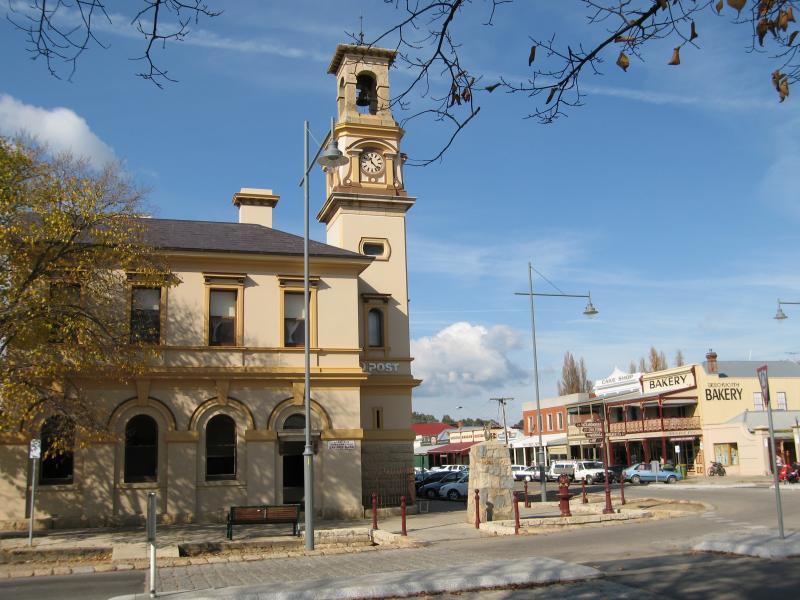 Beechworth - Commercial centre and shops, Ford Street and Camp Street: Post Office, view south-east along Camp St at Ford St