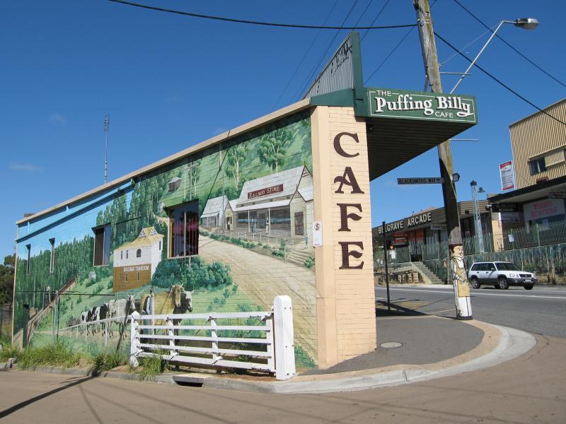 Belgrave - Shops and commercial centre, Main Street and Bayview Road: Mural at Puffing Billy Cafe, view south-west along Main St at Blacksmiths Way
