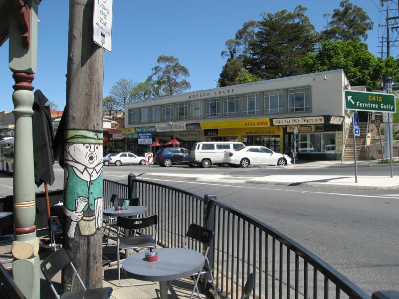 Belgrave - Shops and commercial centre, Main Street and Bayview Road: View west across Main St at Gembrook Rd