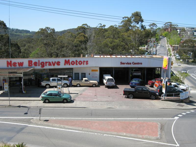 Belgrave - Belgrave Town Park and views, corner Monbulk Road and Terrys Avenue: View across Monbulk Rd towards New Belgrave Motors
