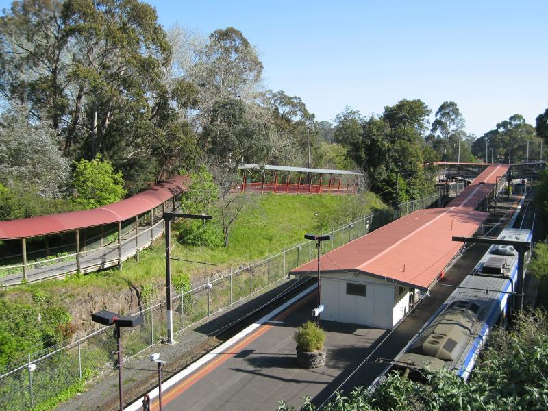 Belgrave - Belgrave railway station, south side of Bayview Road: View towards station from Gembrook Rd