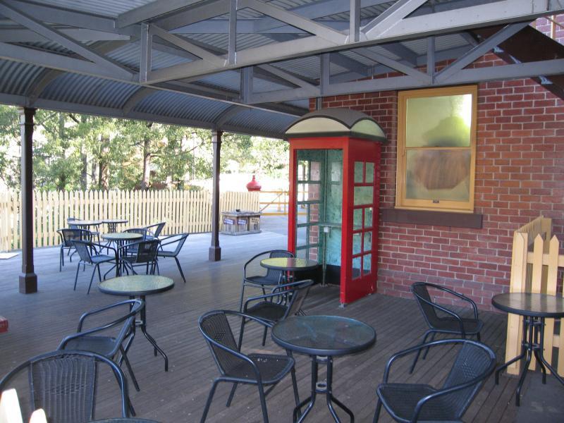 Belgrave - Puffing Billy railway station, north side of Bayview Road: Seating at station cafe