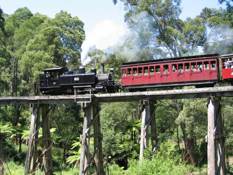 Belgrave - Puffing Billy viewing area, Gembrook Road at railway bridge: Puffing Billy on trestle bridge over Monbulk Creek