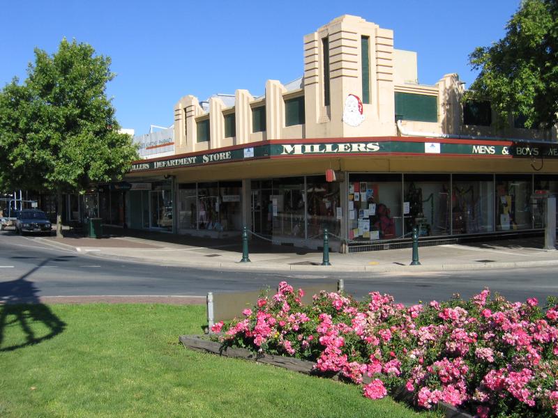 Benalla - Commercial centre and shops: Millers Department Store, corner Bridge St and Carrier St