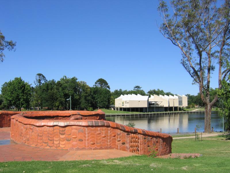 Benalla - Lake Benalla, around Bridge Street: View from Ceramic Mural, west across Lake Benalla towards Art Gallery