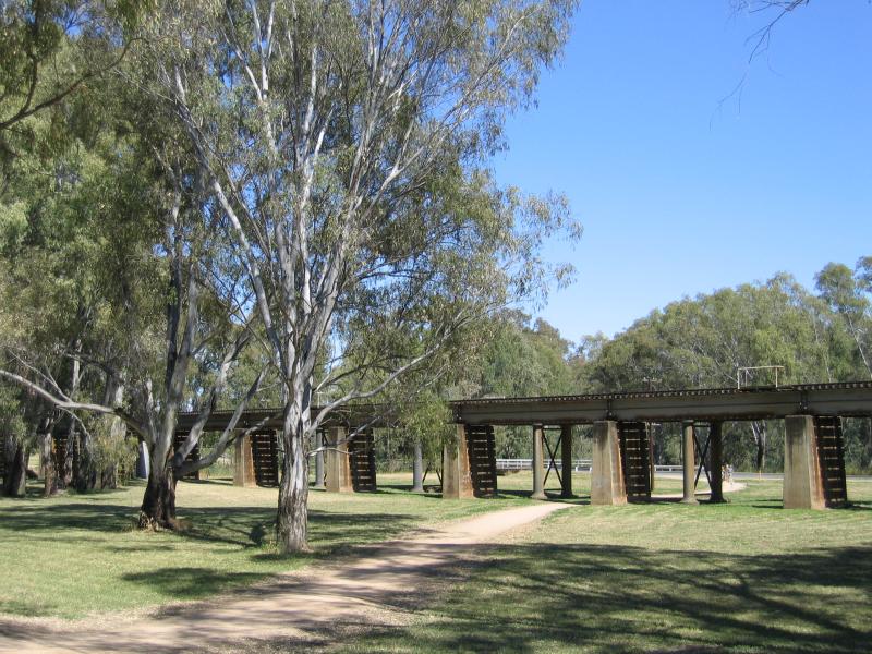 Benalla - Weir on Broken River, north end of Lake Benalla: Railway bridge through northern end of Moira Reserve