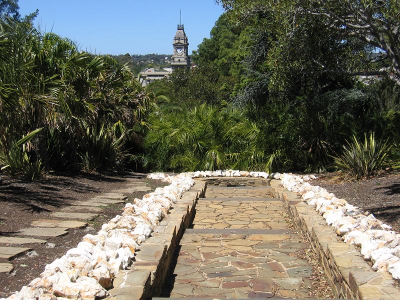 Bendigo - Rosalind Park: Cascades near Poppet Head lookout with Visitor Information Centre clock tower in background