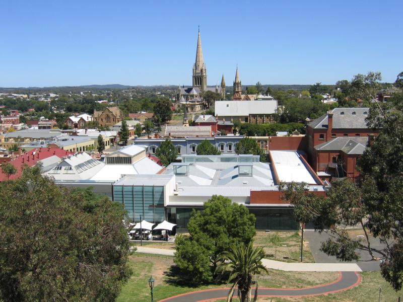 Bendigo - Poppet Head lookout, Rosalind Park: View south-west towards art gallery and Sacred Heart Cathedral
