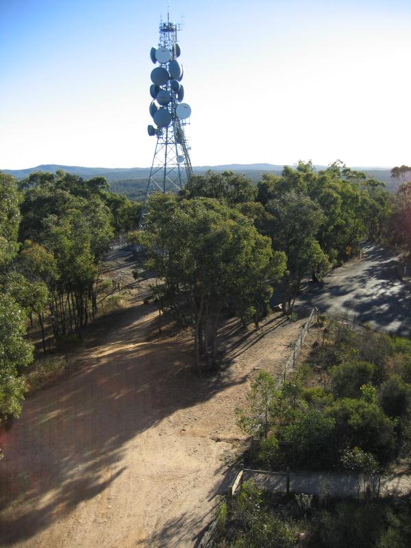 Bendigo - One Tree Hill lookout, One Tree Hill Road: View from lookout down to One Tree Hill Rd and communications tower
