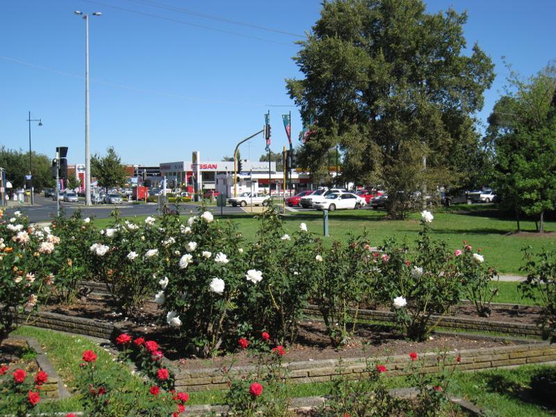 Berwick - Commercial centre and shops, High Street: Rose garden, corner High St and Lyall Rd
