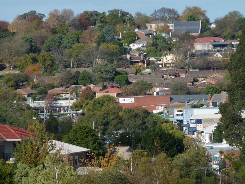 Berwick - Wilson Botanic Park: South-easterly view from above amphitheatre towards shops and houses