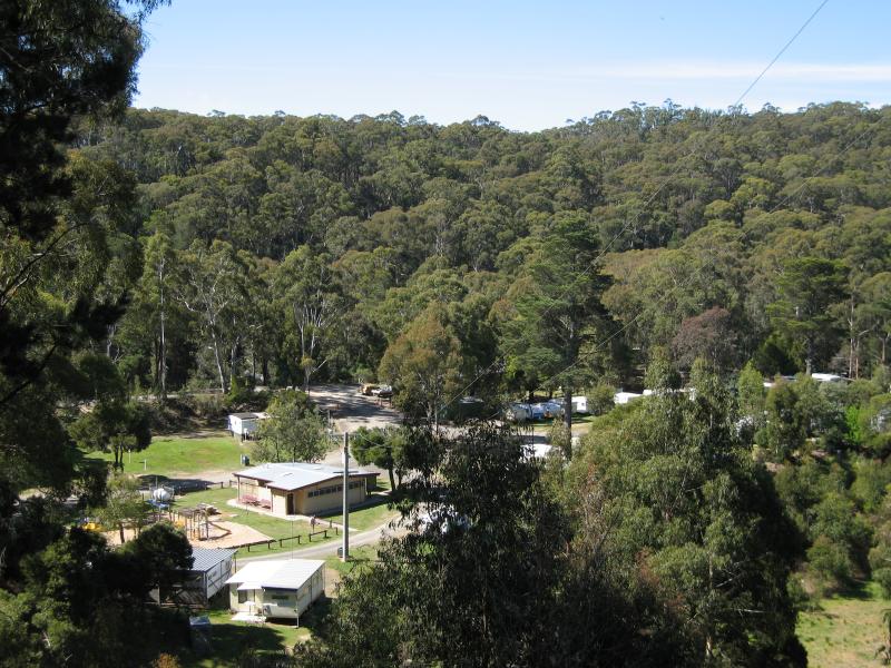 Blackwood - Mineral Springs Reserve at Lerderderg River, Golden Point Road - View north towards caravan park and Mineral Springs Reserve from Golden Point Rd