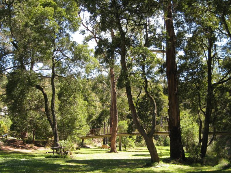 Blackwood - Mineral Springs Reserve at Lerderderg River, Golden Point Road: View through reserve towards footbridge