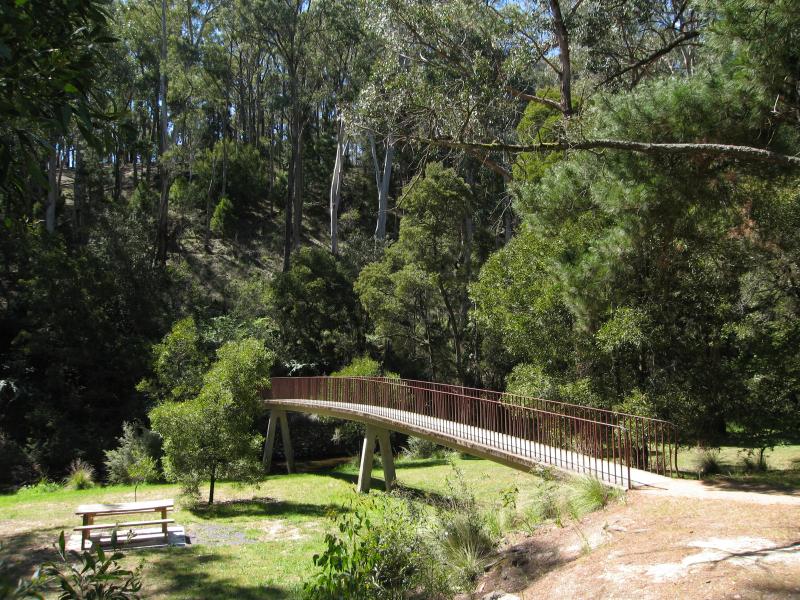Blackwood - Mineral Springs Reserve at Lerderderg River, Golden Point Road - View along footbridge to mineral spring on other side of river