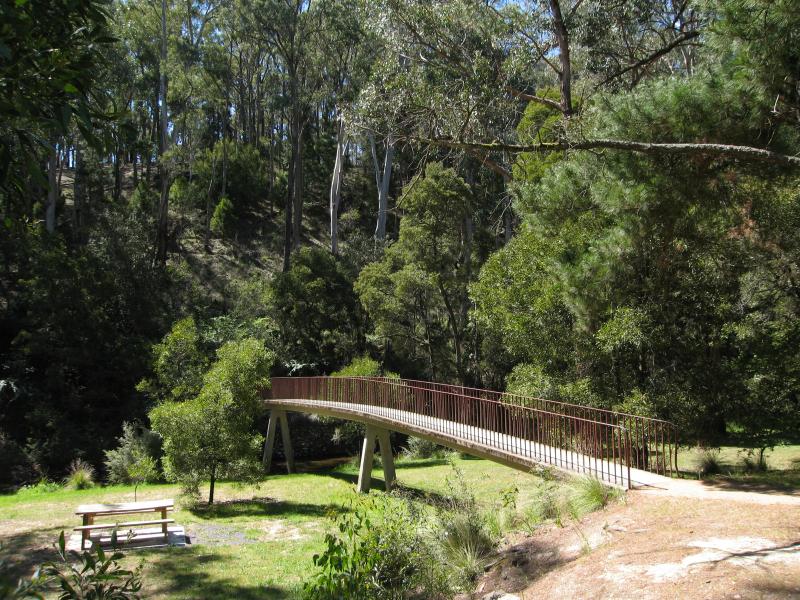 Blackwood - Mineral Springs Reserve at Lerderderg River, Golden Point Road: View along footbridge to mineral spring on other side of river