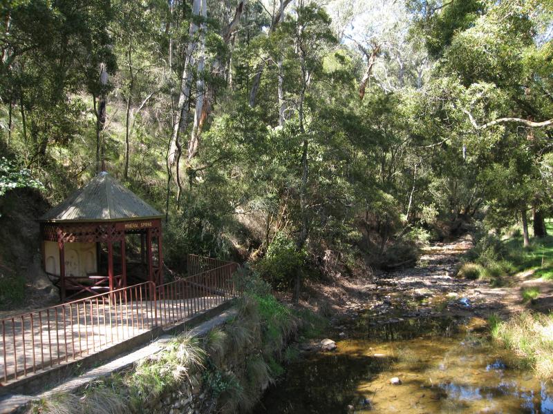 Blackwood - Mineral Springs Reserve at Lerderderg River, Golden Point Road: View east along river from footbridge at mineral spring