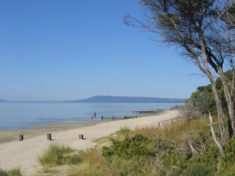 Blairgowrie - Foreshore and beach along Point Nepean Road opposite Wilson Road: View east along beach towards Arthurs Seat
