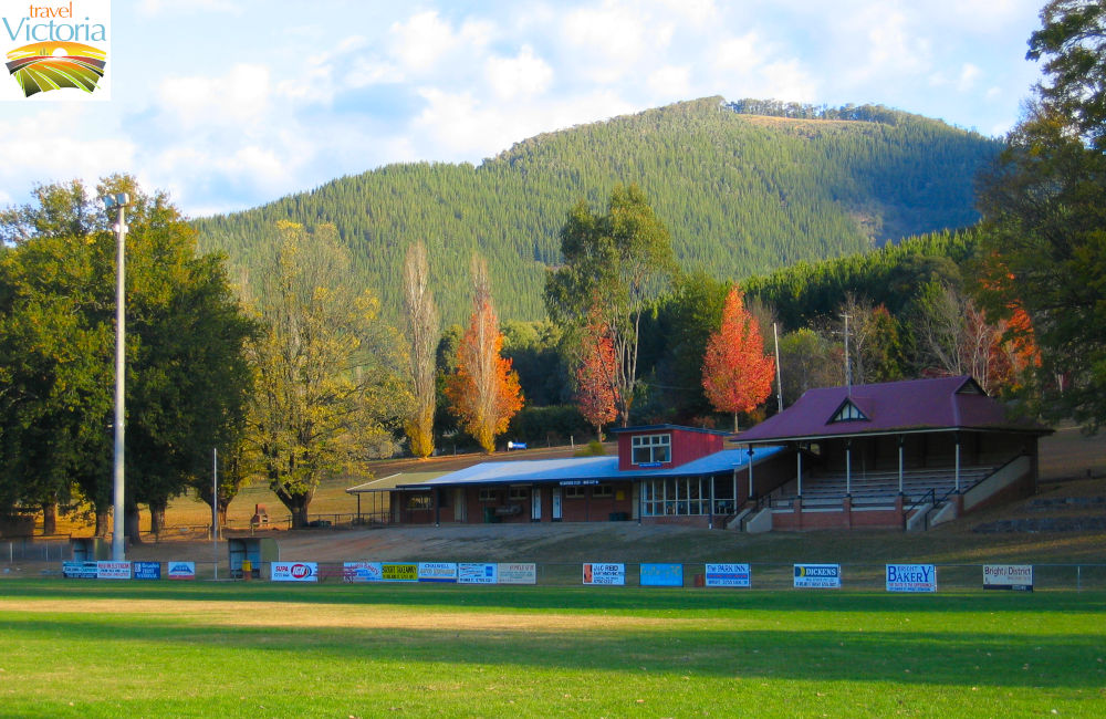 Bright - Pavilion and oval at Pioneer Park Recreation Reserve