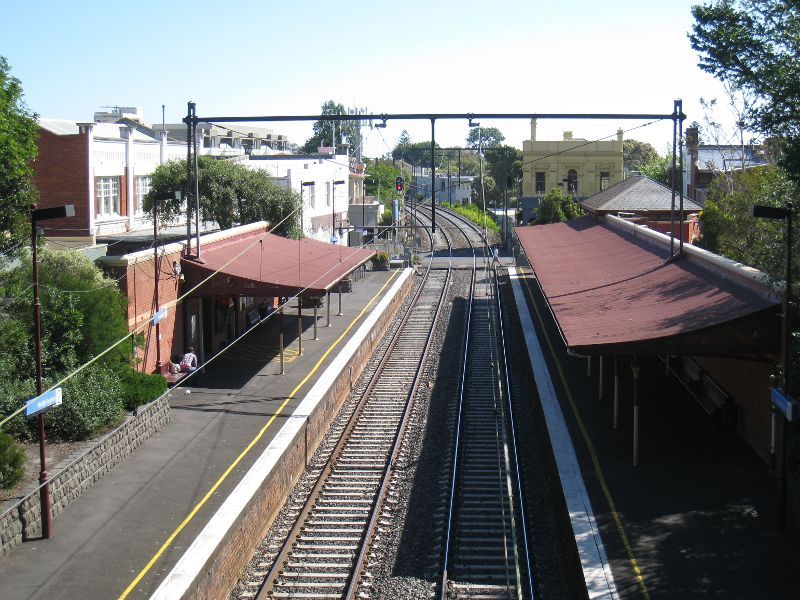 Brighton - Middle Brighton railway station, Church Street: View south-west along railway line towards station and Church St