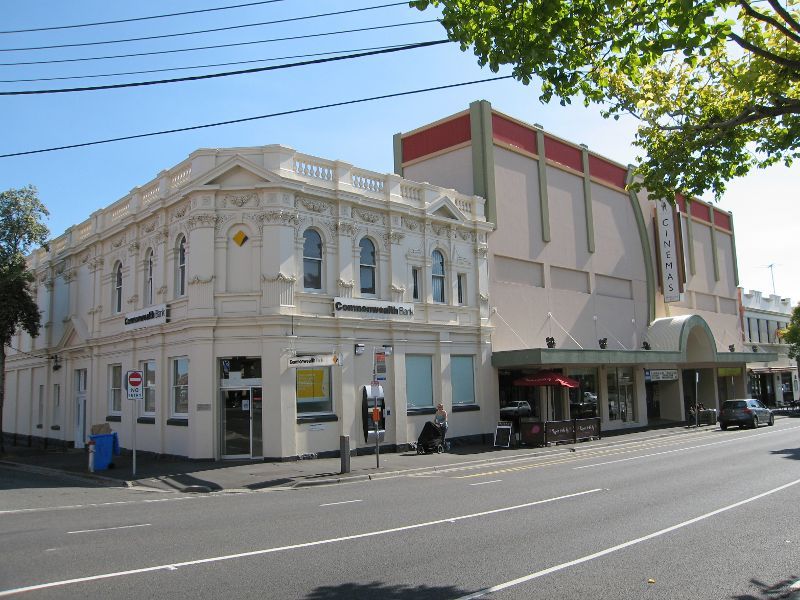 Brighton - Shops along Bay Street: Brighton Bay Cinemas and bank, south side of Bay St at Carpenter St