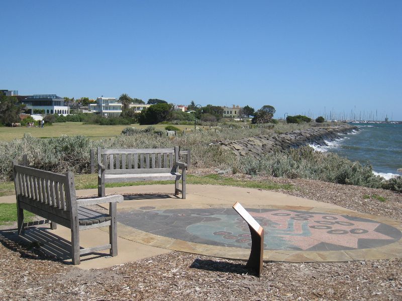 Brighton - Beach and coastline between North Road and Middle Brighton Pier: View south-west along coast at 'The Barraimal' artwork