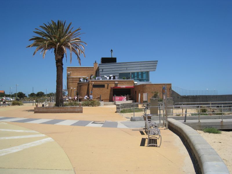 Brighton - Middle Brighton Pier and Royal Brighton Yacht Club Marina: View south along coast towards pier entrance and Middle Brighton Baths
