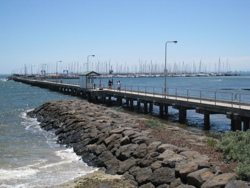 Brighton - Middle Brighton Pier and Royal Brighton Yacht Club Marina: View along pier towards marina