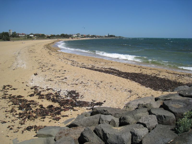Brighton - Beach and coastline at Middle Brighton Beach: View along beach from groyne at northern end