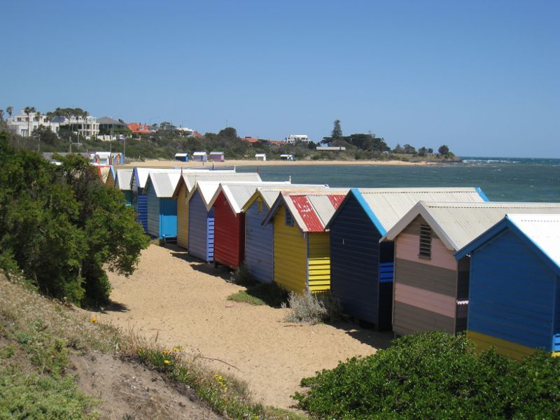 Brighton - Beach, coastline and bathing boxes at Dendy Street Beach - Southerly view from back of bathing boxes