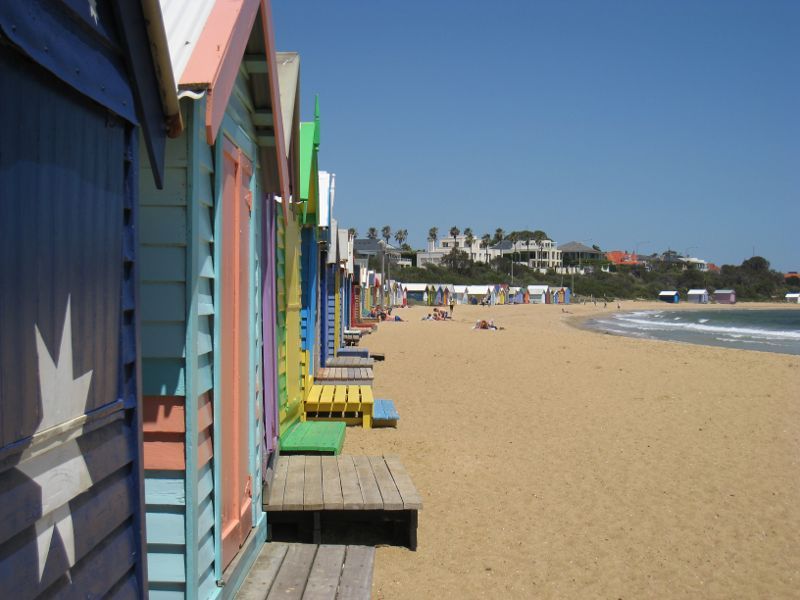 Brighton - Beach, coastline and bathing boxes at Dendy Street Beach - Southerly view along beach at front of bathing boxes