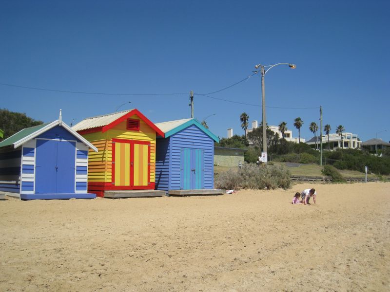 Brighton - Beach, coastline and bathing boxes at Dendy Street Beach: Bathing boxes