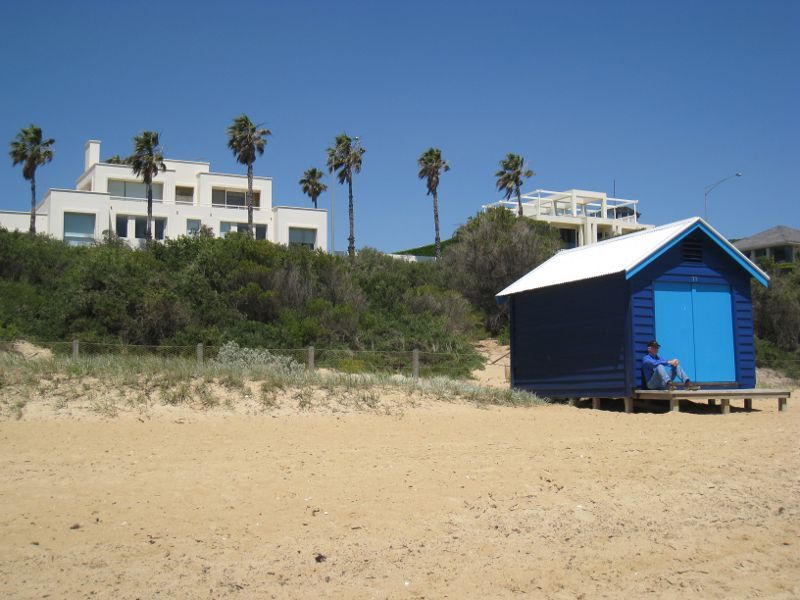 Brighton - Beach, coastline and bathing boxes at Dendy Street Beach: Bathing box near southern end of beach