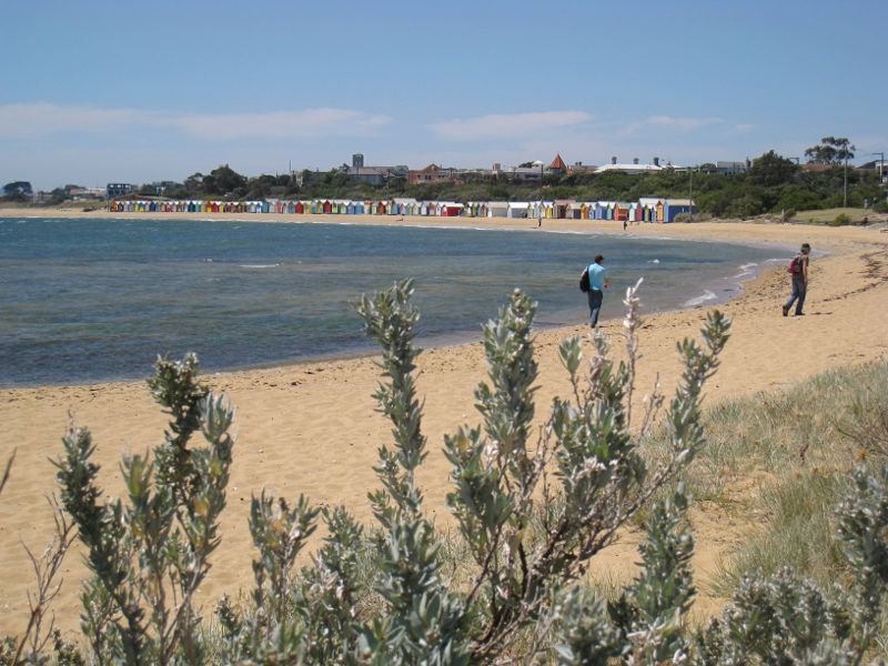 Brighton - Beach, coastline and bathing boxes at Dendy Street Beach: View from southern end of beach towards bathing boxes
