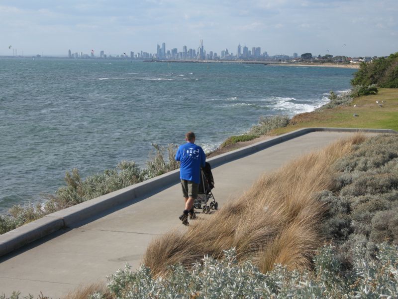 Brighton - Brighton Beach Gardens at Green Point: Northerly view along coastline towards city skyline