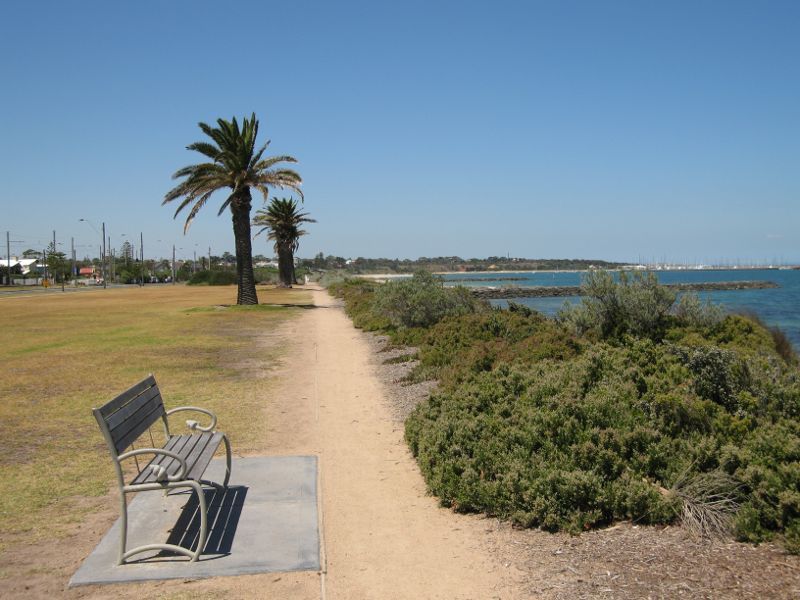 Brighton - Beach and coastline between South Road and New Street: View south-east along pathway through foreshore reserve above beach