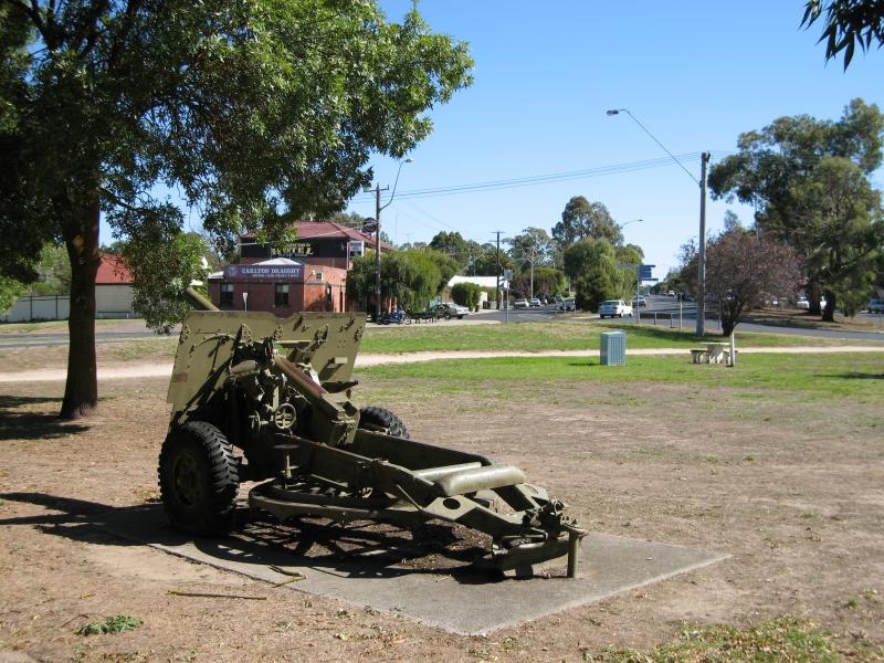 Broadford - North side of High Street between Murchison Street and Sunday Creek: Old military cannon, view west along High Street from park in front of post office