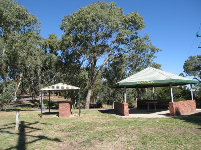 Broadford - Lions Park, High Street at Sunday Creek: BBQ and picnic shelters, east side of creek