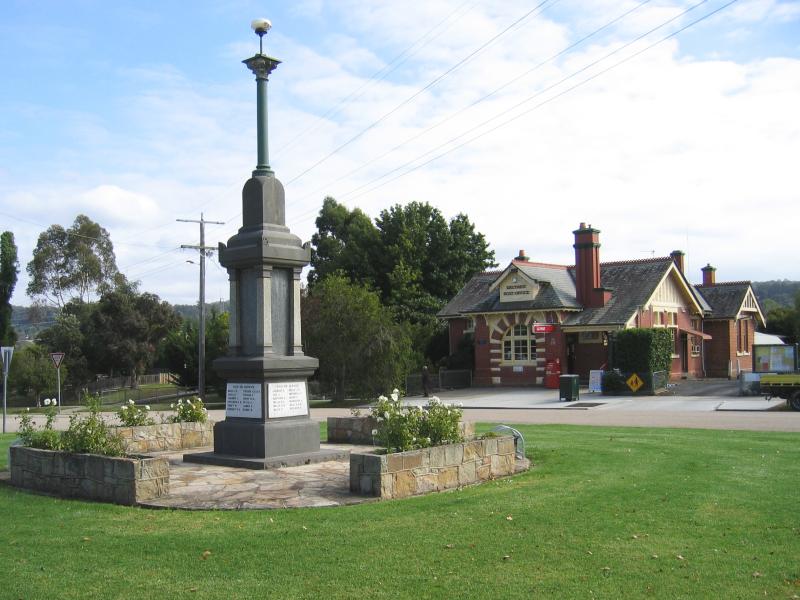 Bruthen - Commercial centre and shops, Great Alpine Road: War memorial and Post Office, Great Alpine Rd near Church St