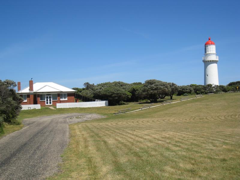 Cape Schanck - Cape Schanck Lighthouse Reserve, end of Cape Schanck Road: Red lighthouse keeper's cottage and lighthouse